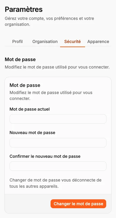 Les paramètres de sécurité pour les mots de passe, passkeys et la double authentification.